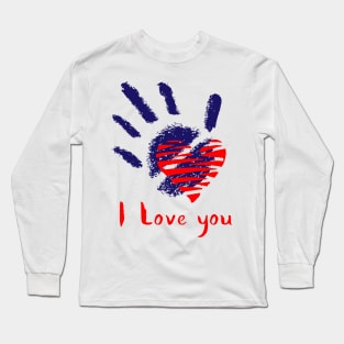 Handprint and Symbol of Red Heart. I Love You Calligraphy Long Sleeve T-Shirt